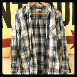 Blue plaid knit button down shirt for women